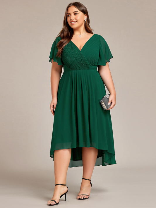 Plus Size A Line V Neck Chiffon Short Sleeves Knee Length formal dresses Bridesmaid Dresses evening gown Prom Dress