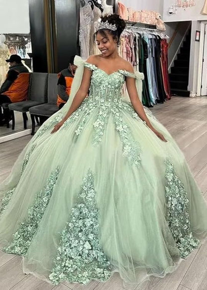 Gorgeous Sage Green Applique Sweetheart Off-the-shoulder Sweet 16 Quinceanera A-Line Floor-length Prom Dress Evening Dress Ball Gown HZ1024