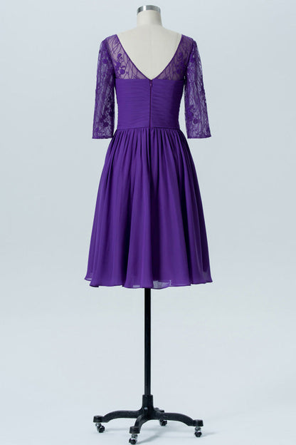 Purple Embroidered Half Sleeves A-Line Short Bridesmaid Dress