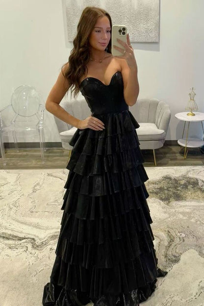 A-Line Metallic Empire-Waist Sweetheart Ruffle Tiered Long Prom Dress
