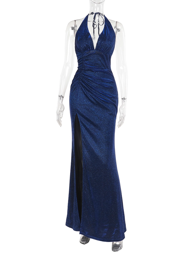 Vintage Shiny V-neck Halter Dress Mermaid Long High Slit Summer Dresses Prom Dress Evening Dress HZ1024