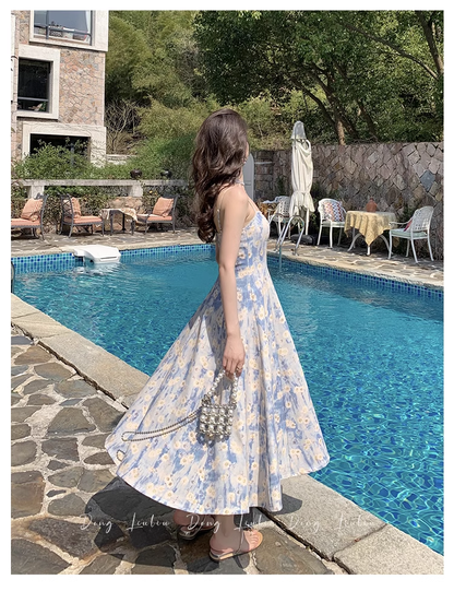 Design Sense Blue Painting Long Dress Holiday Beach Floral Spaghetti Strap Dress HZ1024