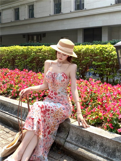 Vintage Fashion Floral Design Elegant Mermaid A-line Spaghetti Strap Dress HZ1024