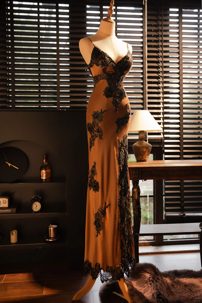 Vintage Elegant V-neck Applique Design Romantic Chiffon Evening Dress Prom Dress HZ1024