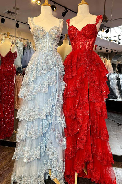 Fairytale Sequin-Embroidery Off-the-Shoulder Tiered Long Prom Dress with Slit