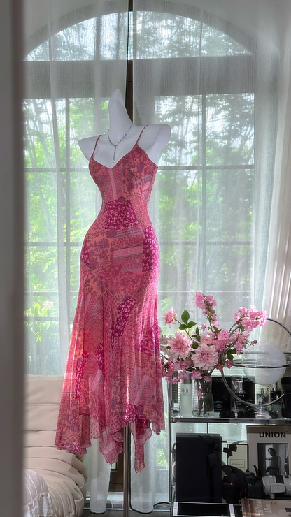 Retro Pink V-neck Floral Elegant Chiffon Evening Dress Prom Dresses HZ1024