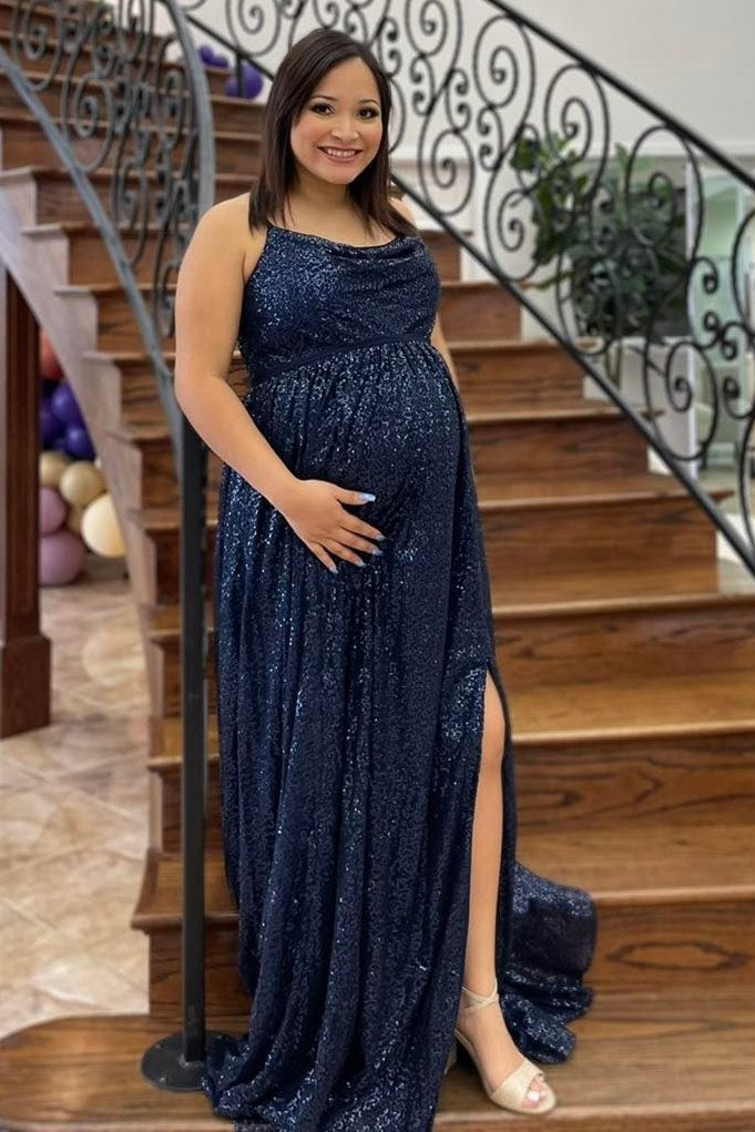 Sparkly Dark Navy Cowl Neck Long Bridesmaid Dress with Slit