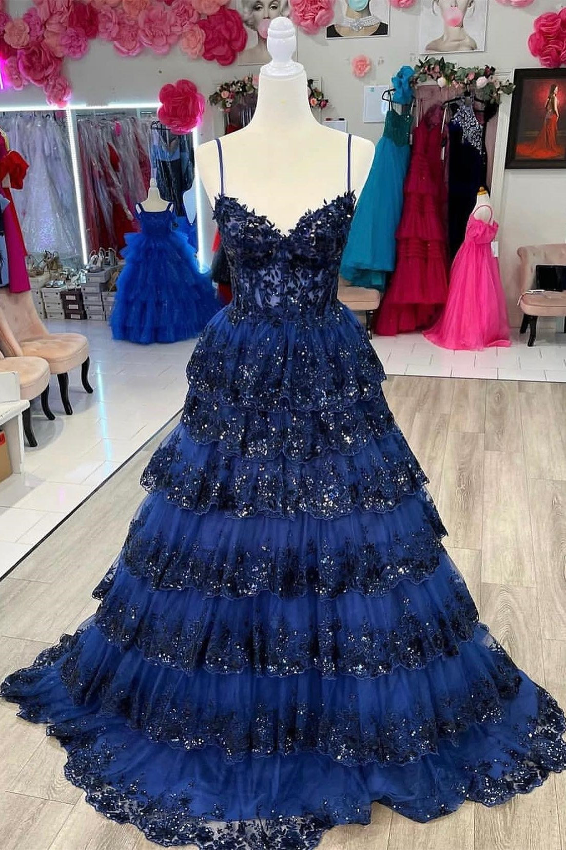Black Tulle Sequin Tiered Long Gown with Spaghetti Straps
