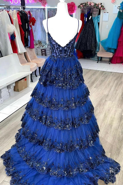 Black Tulle Sequin Tiered Long Gown with Spaghetti Straps