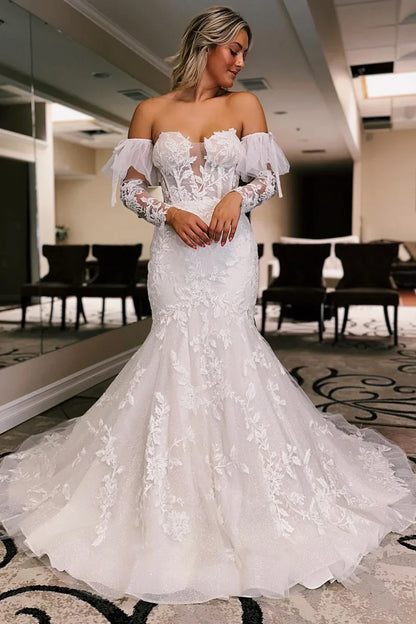 Floral Lace Sweetheart Trumpet Wedding Dress with Detachable Sleeves