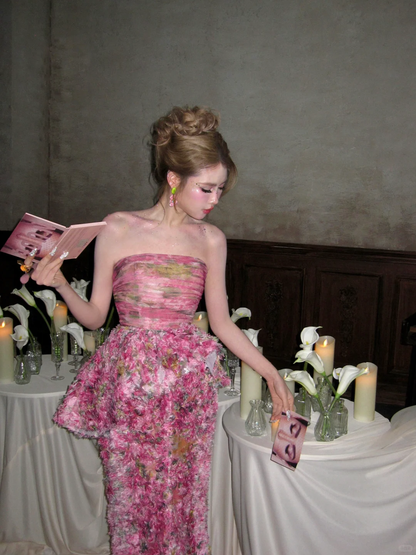 Vintage Pink Floral Strapless Mermaid Design Elegant Prom Dress Evening Dress HZ1024