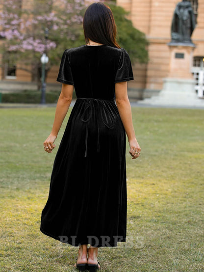 A-line V Neck Velvet Wrap Bell Sleeve formal dresses Bridesmaid Dresses evening gown Prom Dress