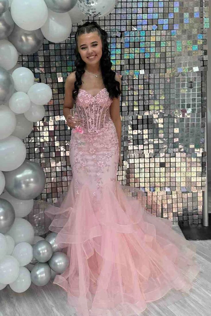 Vintage Pink Applique Strapless Sequin Evening Gown Mermaid Sweetheart Party Dress Long Formal Dress HZ1024
