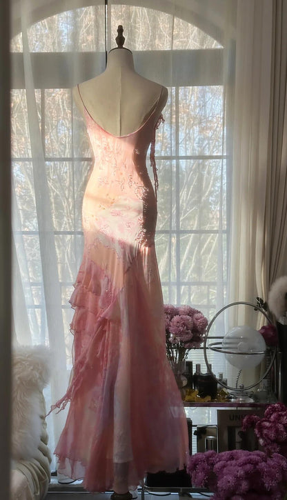 Vintage Pink Floral A-line Spaghetti Strap Irregular Hem Evening Dress Prom Dresses HZ1024