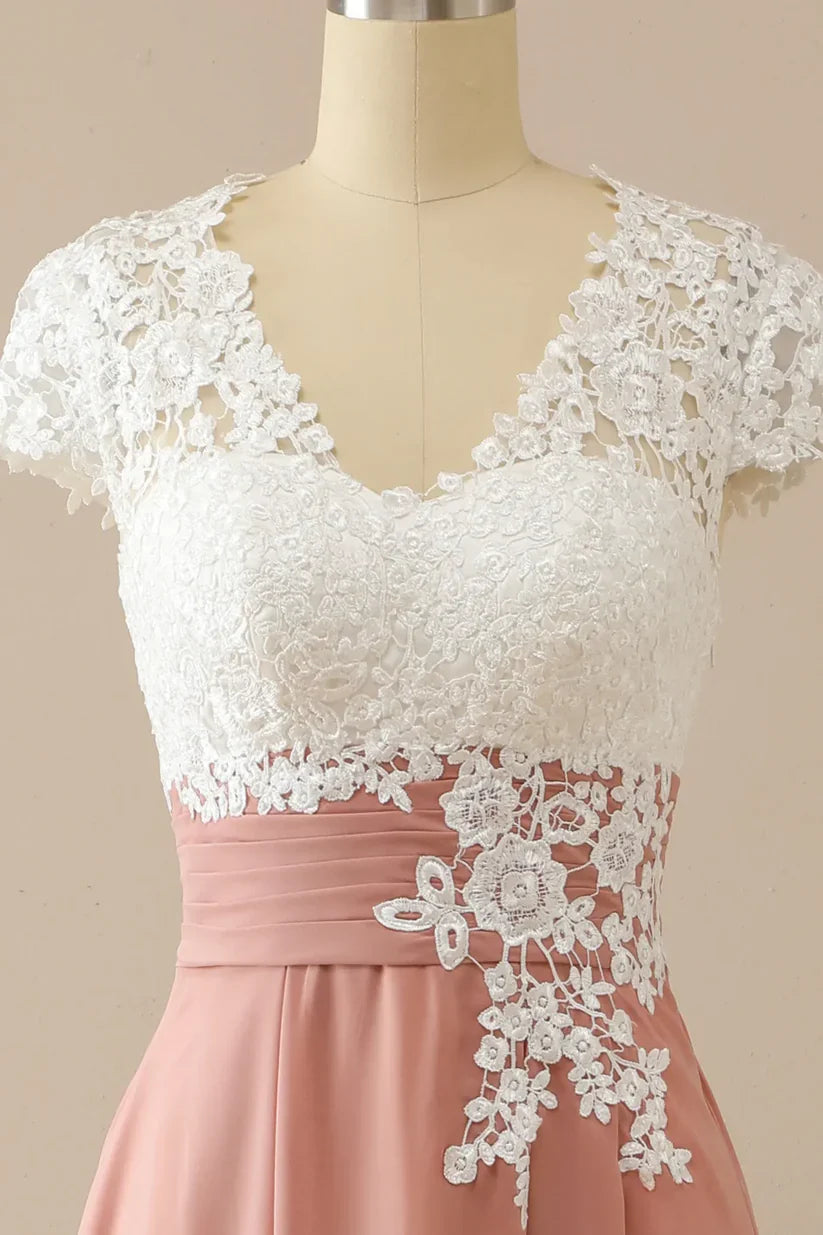 A-line V Neck Appliques Short Sleeves Mother of Bride Dress