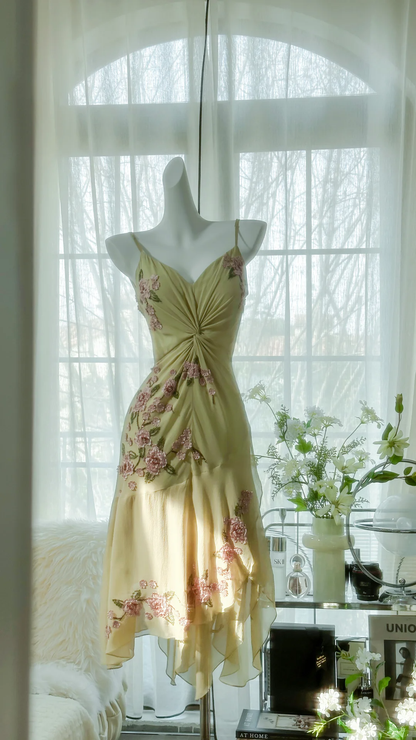 Vintage Light Green Spaghetti Strap Floral Design A-line Romantic Chiffon Evening Dress Prom Dress HZ1024