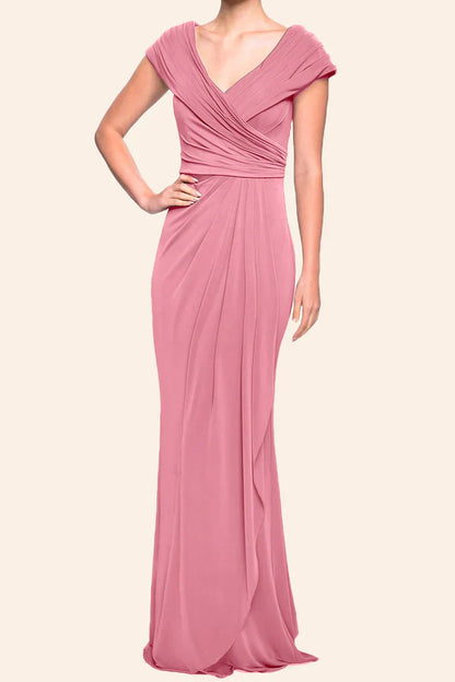 Sheath Cap Sleeves V neck Long Mother of the Brides Dress