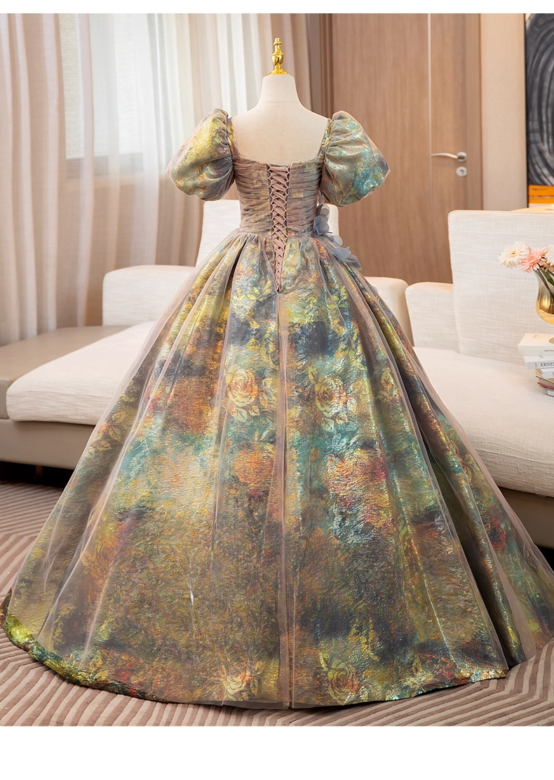 Vintage Court Retro Style Sweet 16 Quinceanera 3D Flowers Short-sleeved Evening Dress Long Ball Gown HZ1024