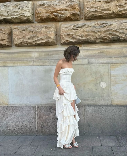 Strapless Satin Layered Evening Dresses Wed Dress Formal Gown
