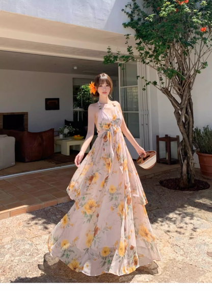 New Fashion Floral V-neck Design Elegant Beach Holiday A-line Sleeveless Halter Dress Summer HZ1024