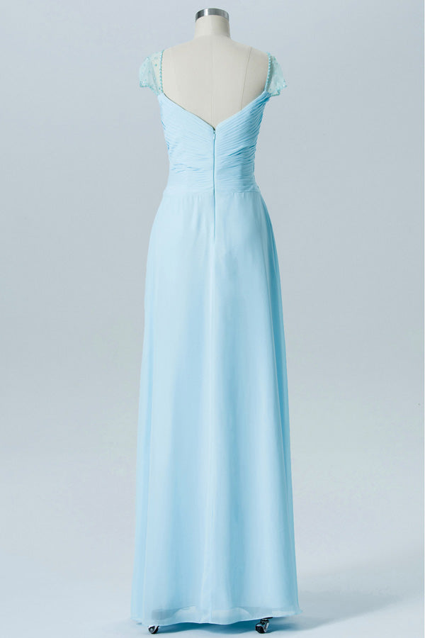 Light Blue Sweetheart Sheer Puff Sleeve Bridesmaid Dress