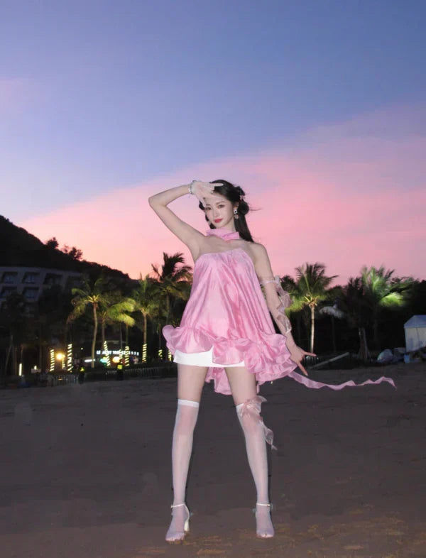 Cute Pink Ruffle Short A-Line Satin Party Dress Cocktail Dress Homecoming Dress HZ1024