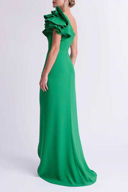 One shoulder ruffled edge empire side split A-line mother of the bride dresses
