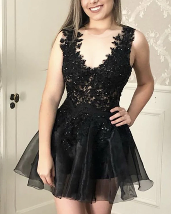 Elegant Short Party Dresses Ruffles Appliques A-line Black Homecoming Dress c3461