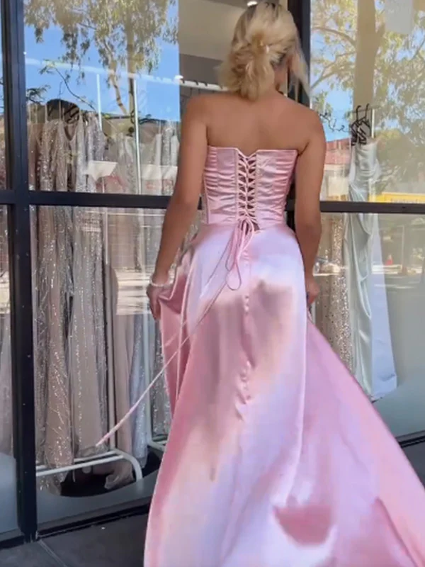 Pink Strapless Beaded Satin Party Dress A Line Prom Evening Dress cc2339