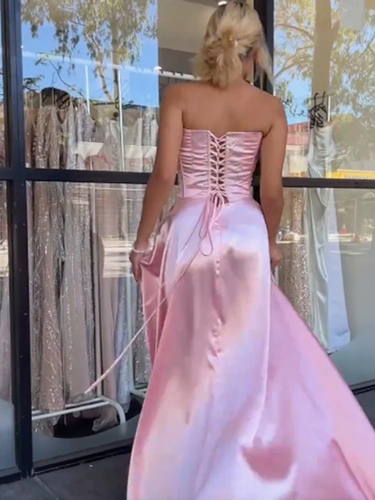 Pink Strapless Beaded Satin Party Dress A Line Prom Evening Dress cc2339