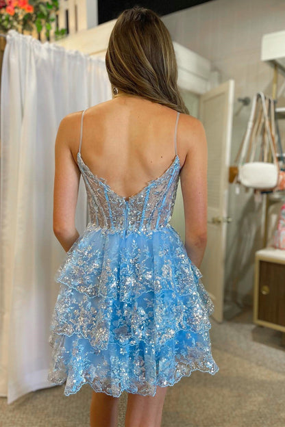 Light Blue Sequin Lace Corset Bodice Tiered Homecoming Dress