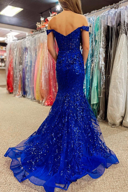 Off-the-Shoulder Sequin Lace Mermaid Long Dress with High Slit