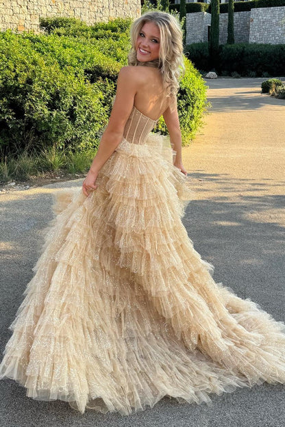Pink Strapless Tulle Sequin A-Line Prom Gown