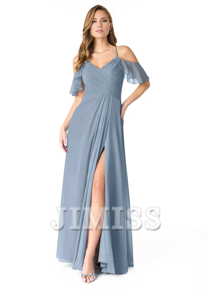 A-line V-neck pleated chiffon side slit and floor length bridesmaid dress - Jimiss Dress