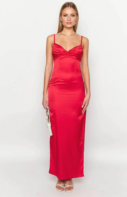 Jimiss Sweetheart Collar Thin Shoulder Strap Bareback Satin Side Split Long Prom Dress