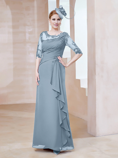 Low round lace neckline with ruffled edges, tight fitting mother of the bride dress