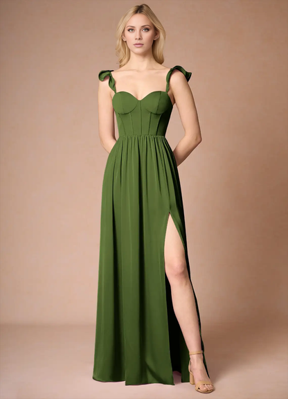 Jimiss A-line off shoulder side slit backless and floor length Prom dress