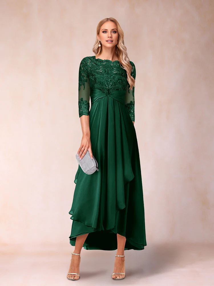 A-line princess transparent collar 3/4 sleeve length with bead and decal mother of the bride dress