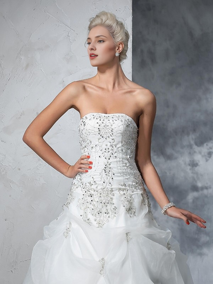 Ball gown strapless beaded sleeveless long organza wedding dress
