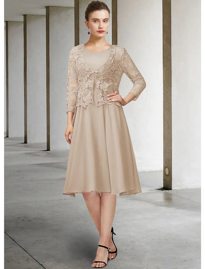 DingjiTwo Piece A-Line Mother of the Bride Dress Elegant Jewel Neck Knee Length Chiffon Lace 3/4 Length Sleeve with Bow(s) Appliques