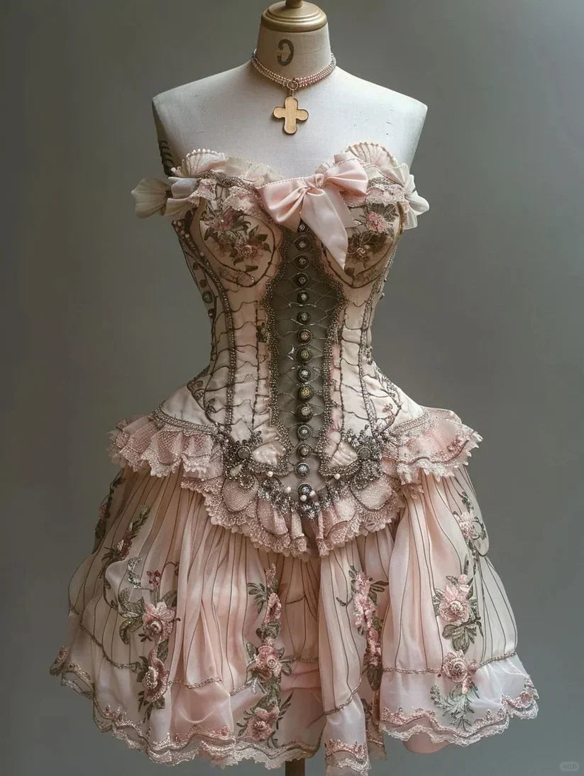 Retro Strapless Sweetheart Lolita Princess Dress A-line Floral Beaded Chiffon Party Dress Homecoming Dress HZ1024