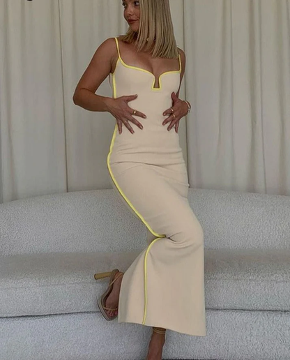 Sexy Yellow Rear Slit Satin Prom Dress Birthday Party Dress cc1812