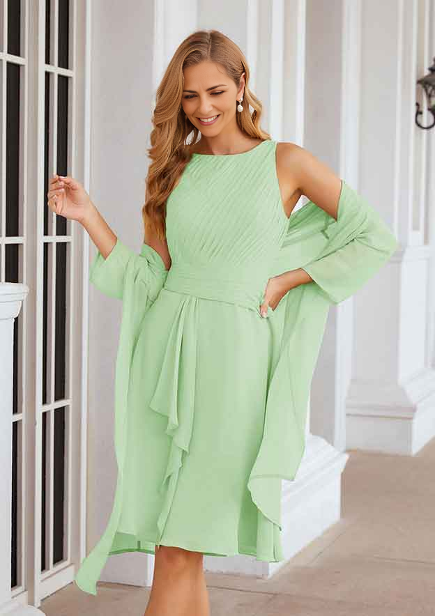A-line Scoop Neck Knee-Length Chiffon Mother of the Bride Dresses With Pleated and Jacket Pure Color
