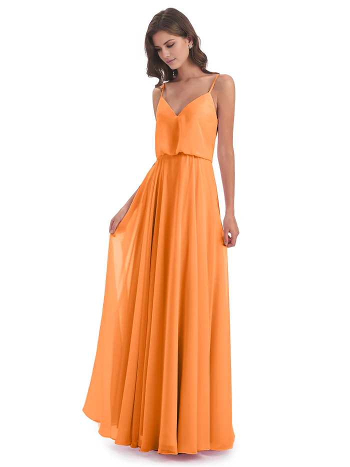 Simple slim shoulder chiffon and floor length bridesmaid dress
