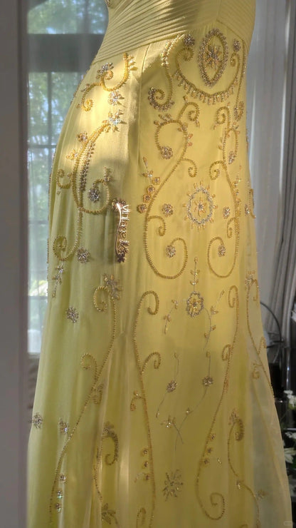 Yellow Gorgeous Exquisite Beaded Backless Spaghetti Strap Long Chiffon Ball Gown Evening Dress Birthday/Holiday Party Dress Prom Dress gh4063