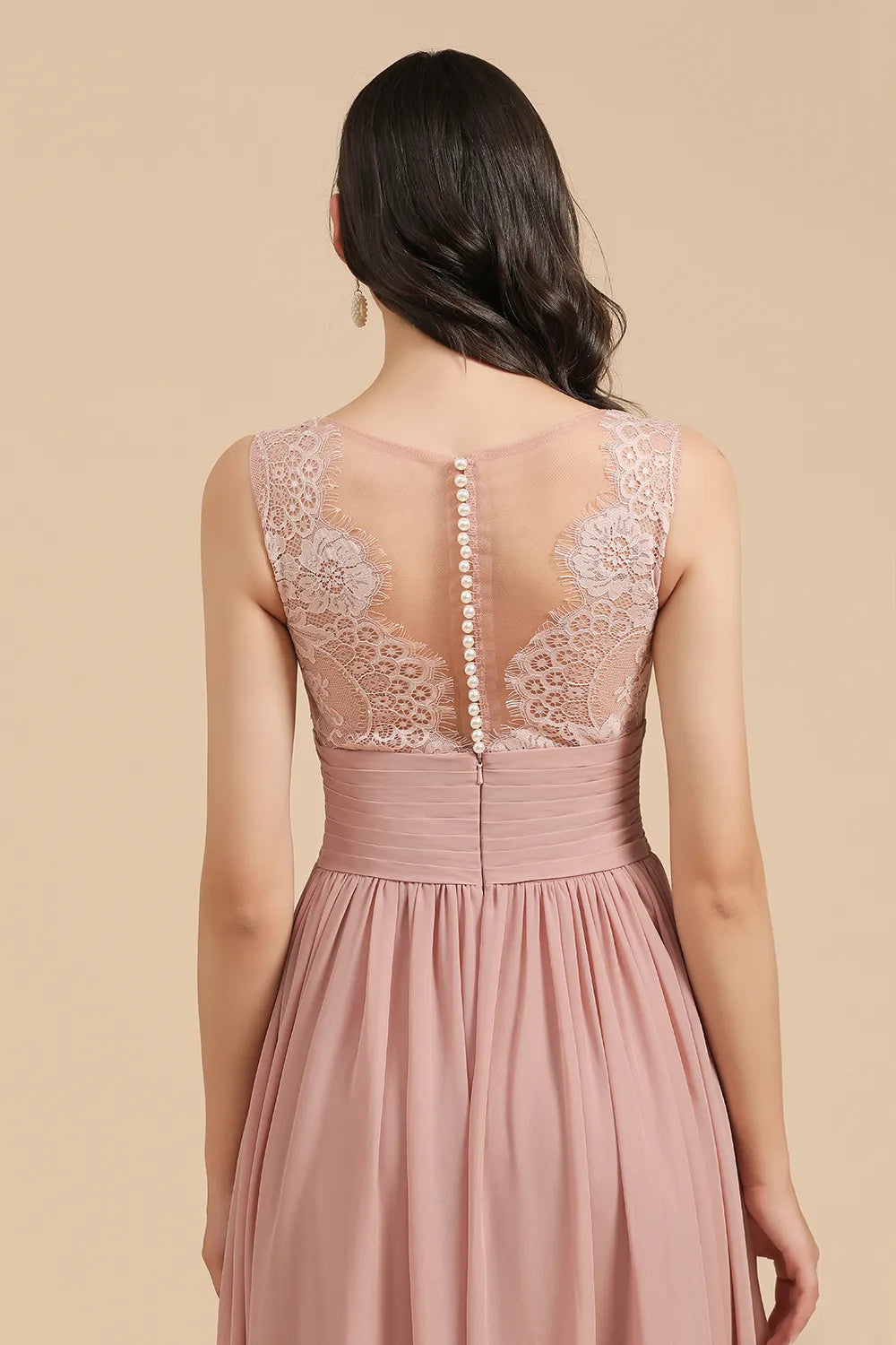 Long A-line Lace Sleevele Chiffon Bridesmaid Dresses