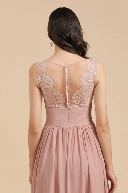 Long A-line Lace Sleevele Chiffon Bridesmaid Dresses