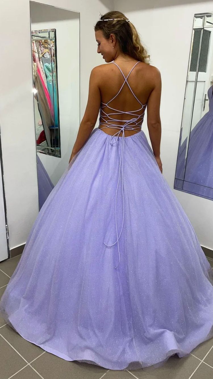 Purple V-neck tulle long prom dress evening dress cc469