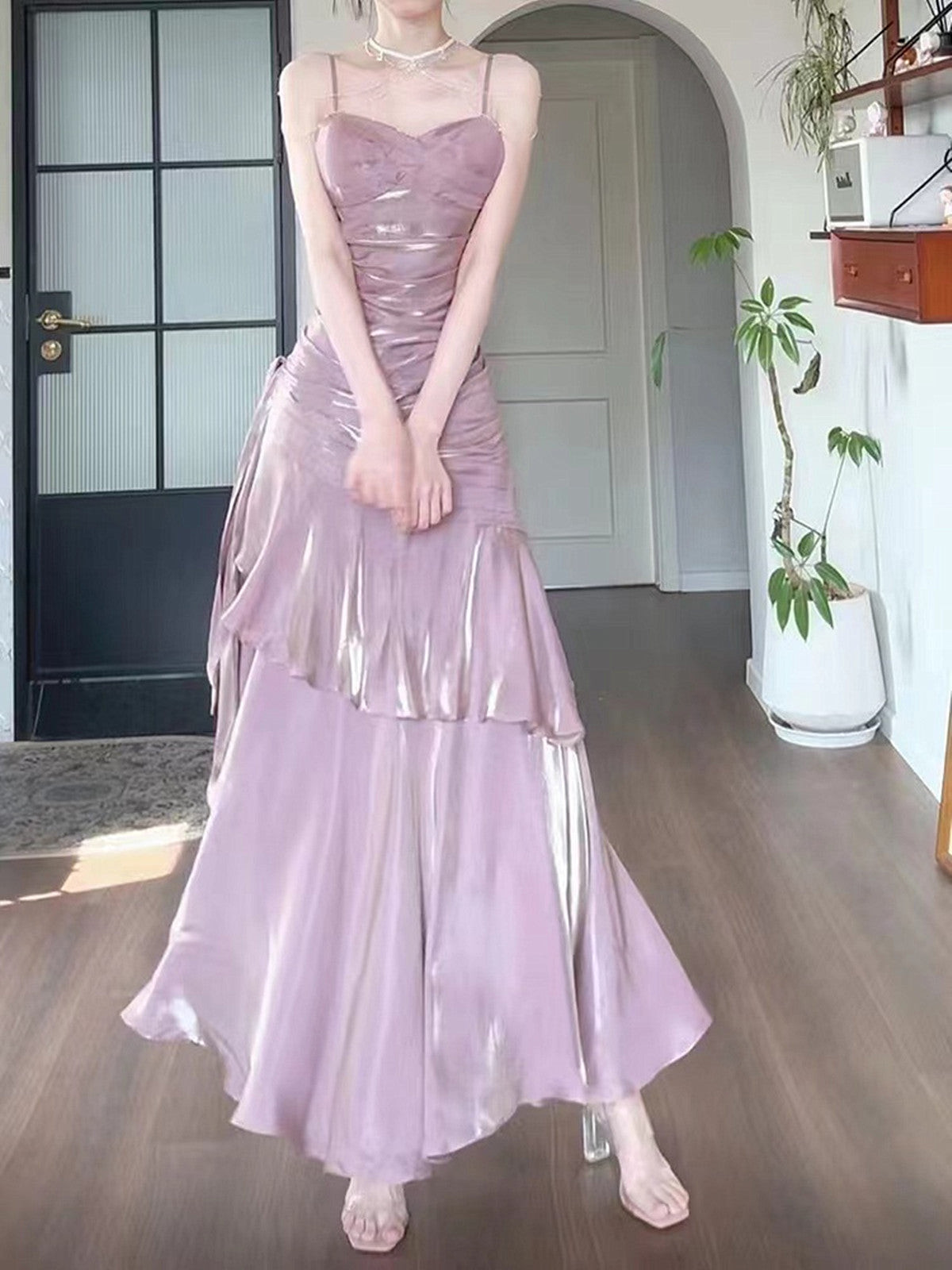 Chic Pink Satin Straps Long Party Dress Satin Mermaid Prom Dress Evening Dress cc1455
