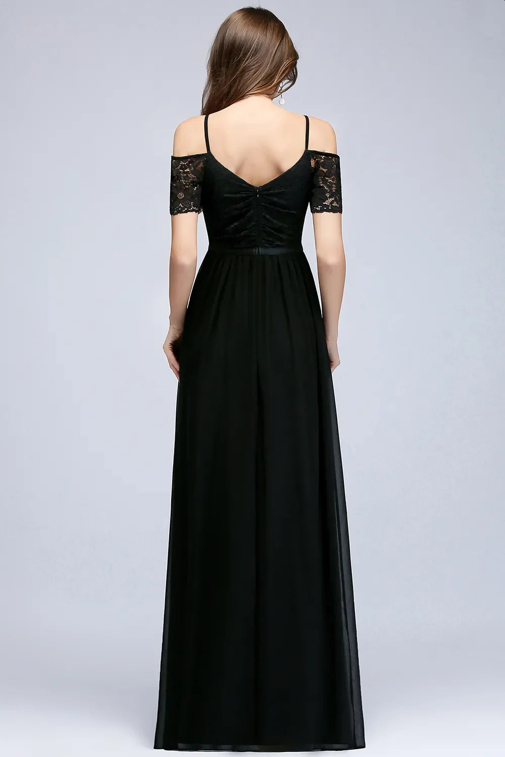 A-line Lace V-Neck Off-the-shoulder Sleeveless Floor-Length Bridesmaid Dresses